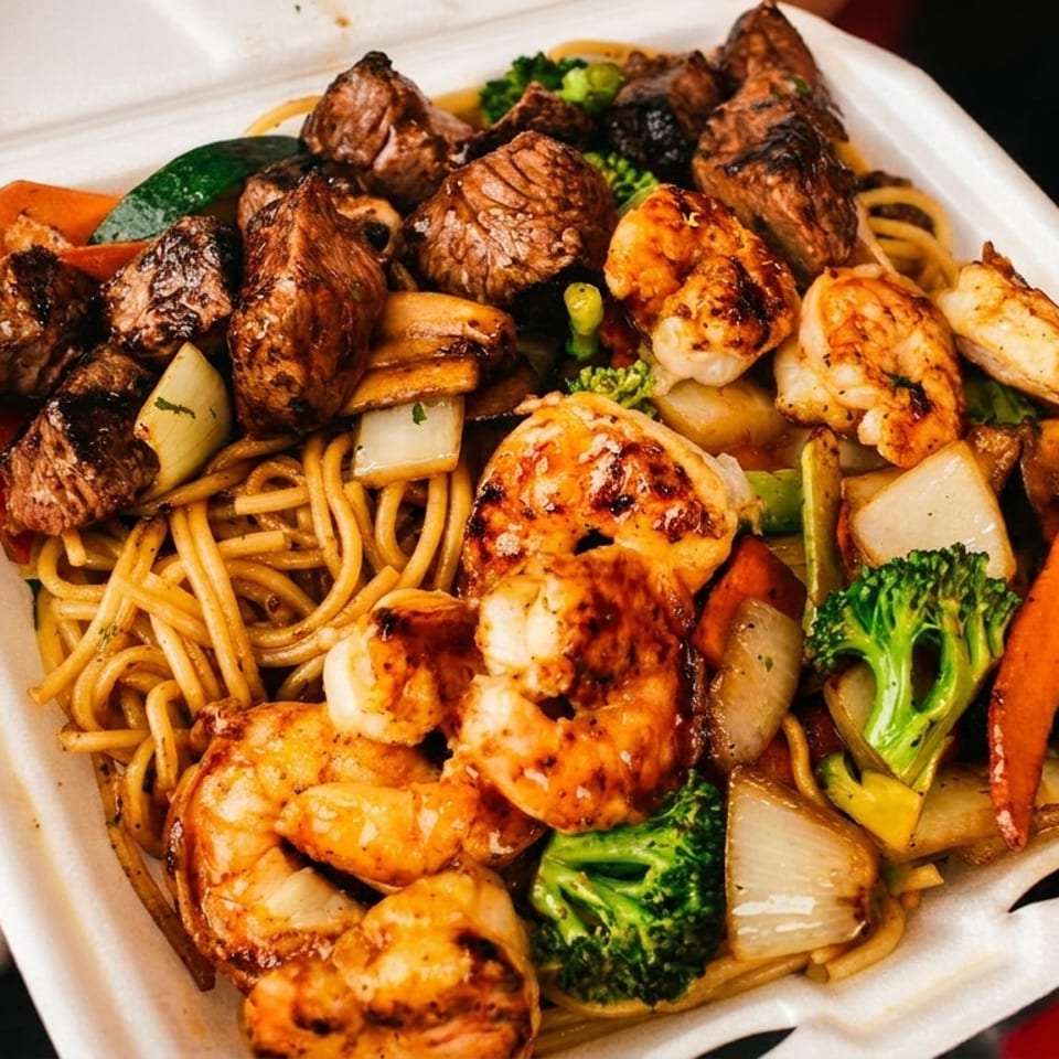 A takeout container filled with noodles, grilled steak, shrimp, broccoli, carrots, and onions.