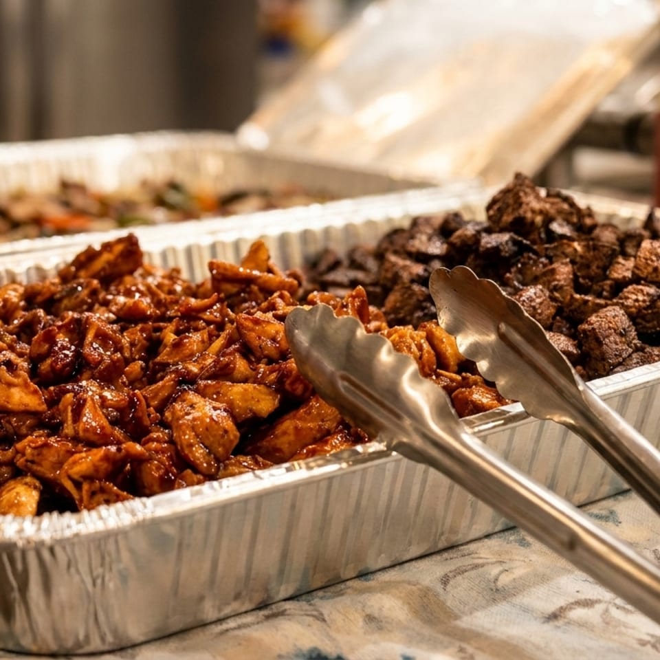 Two foil pans filled with saucy chicken and beef chunks, with serving tongs, on a patterned tablecloth.