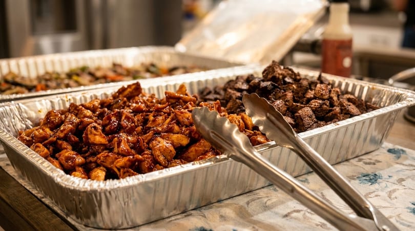 Two foil trays of food, one with glazed chicken and the other with diced beef, with serving tongs.