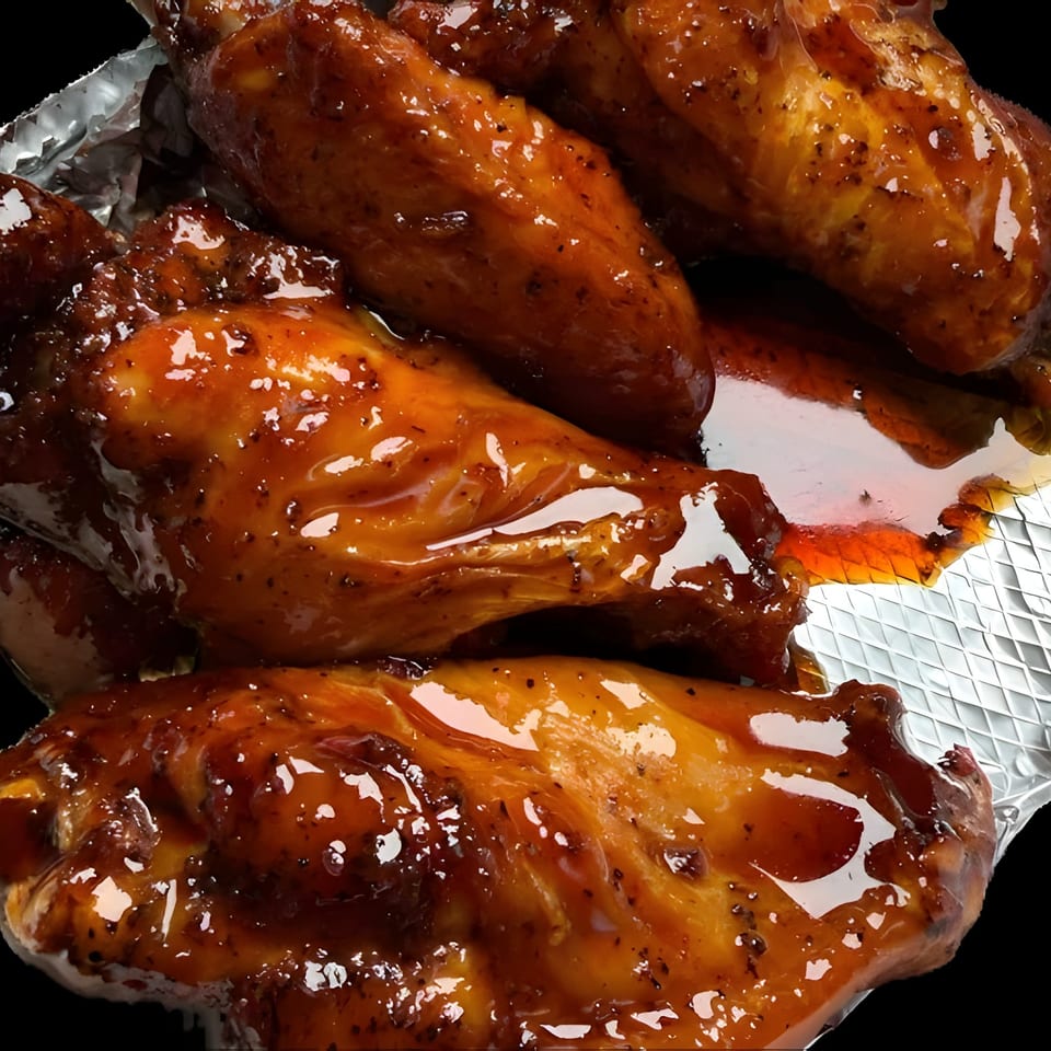 Close-up of several glossy, saucy chicken wings in a foil container.
