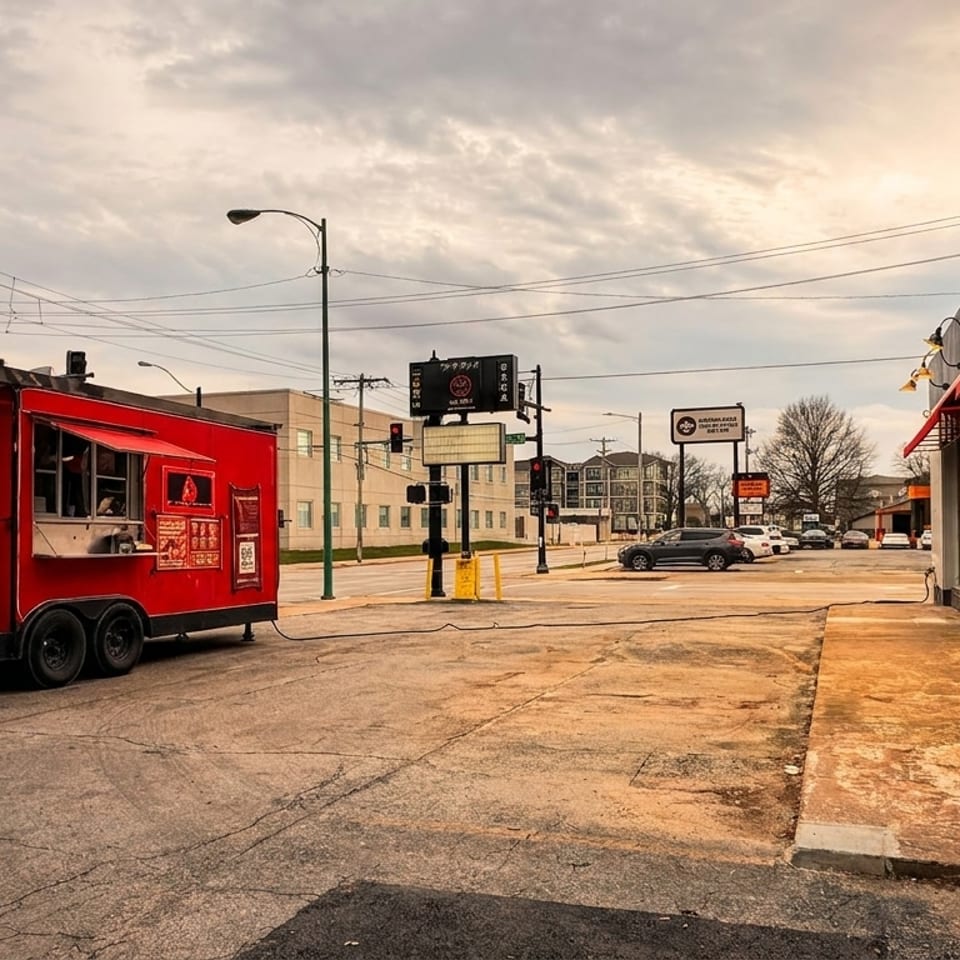 A red food truck with an open serving window parked on a street next to a building with red awnings.