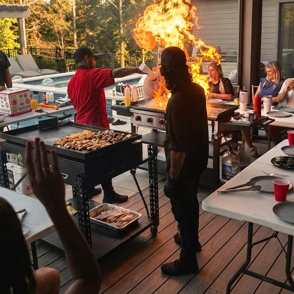 A chef cooks hibachi with large flames for a group of people gathered around tables outdoors.