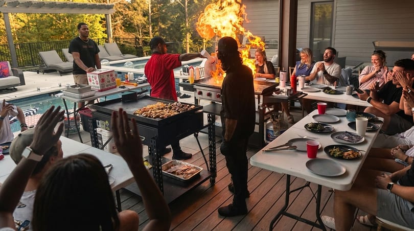 A chef cooks hibachi with large flames for a group of people gathered around tables outdoors.